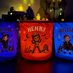 Personalized Halloween Theme Photo Cartoon Character LED Light Bucket Bag with Name Halloween Trick or Treat Activity Gift for Boys Girls