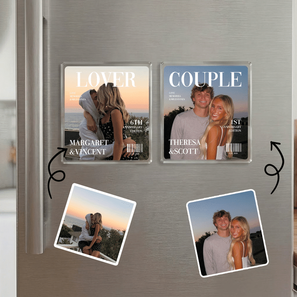 Décoration à suspendre pour réfrigérateur personnalisée, style magazine, avec photo de couple, titre, date et prénoms – Cadeau d'anniversaire ou de mariage pour les couples et les jeunes mariés