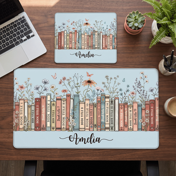 Personalised Colourful Floral Books Non-Slip Mouse Pad Desk Mat with Name Daily Use Birthday Housewarming Gift for Book Lover Bookworm