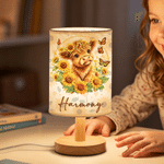 Personalized Retro Style Cartoon Highland Cow Sunflower Linen Table Lamp with Name Home Decor Birthday Daily Use Gift for Family Kids