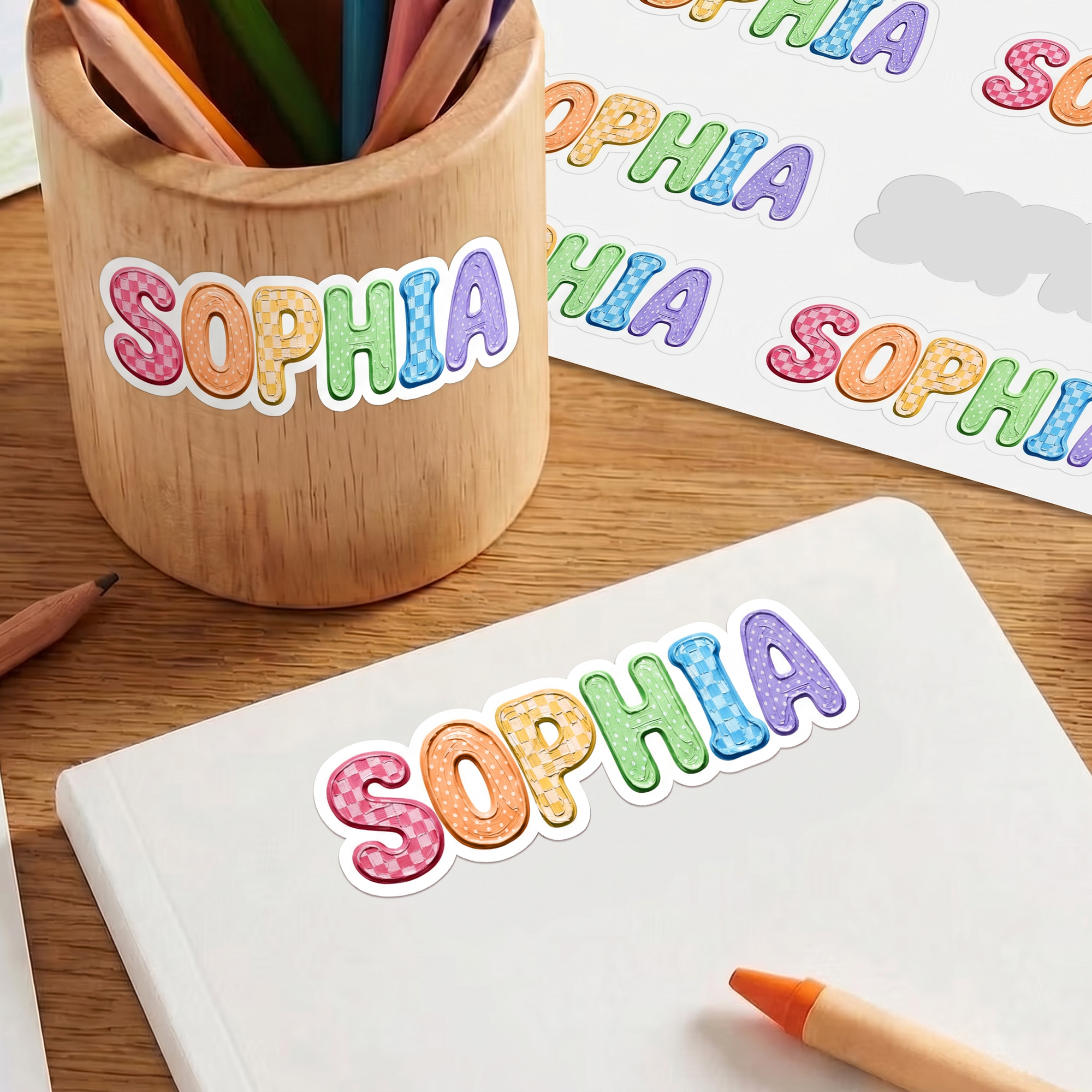 Individuell gestalteter, bunter Aufkleber im Ölgemälde-Stil mit Karomuster und Polka-Dots – für den täglichen Gebrauch, zum Schulanfang oder als Geburtstagsgeschenk für Kinder und Schüler