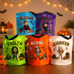Personalized Halloween Theme Photo Cartoon Character LED Light Bucket Bag with Name Halloween Trick or Treat Activity Gift for Boys Girls