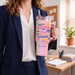 Personalised Tired Teachers Summer Club Beach Scene Colourful 40 oz Tumbler with Text Daily Use Teacher's Day Birthday Gift for Teachers