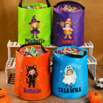 Personlig Halloween-pose med tegneseriefigurer og stjerneformet godteri – lett «Trick or Treat»-pose med navn – Halloween-festgave til barn