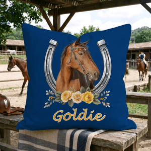 Personalized Horse Portrait Photo Horseshoe Flower Throw Pillow Cover with Name Home Decor Birthday Gift for Women Friends Horse Owners