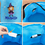 Personlig Halloween-pose med tegneseriefigurer og stjerneformet godteri – lett «Trick or Treat»-pose med navn – Halloween-festgave til barn
