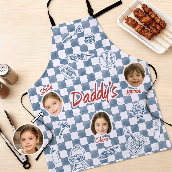 Gepersonaliseerd barbecue-thema: verstelbaar schort met 1-8 gezichtsfoto’s, geruite strepen en namen – barbecuefeest- en verjaardagscadeau voor de hele familie en kookliefhebbers
