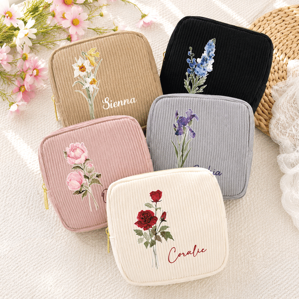 Personalised Watercolour Birth Flower Square Corduroy Makeup Bag with Name and Zipper Travel Birthday Gift for Women Friends