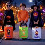 Personlig Halloween-pose med tegneseriefigurer og stjerneformet godteri – lett «Trick or Treat»-pose med navn – Halloween-festgave til barn