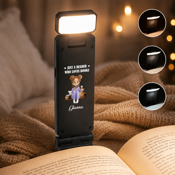Personalized Book Cartoon Character 3 Colour LED Book Light Clip with Name and Text Reading Accessory Back to School Birthday Gift for Book Lover