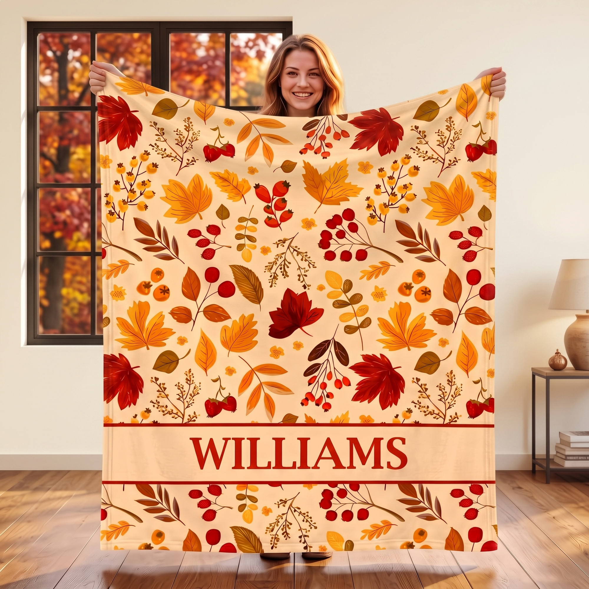 Individuell gestaltete Herbstdecke mit Ahornblättern, Beeren, Kürbissen und Blumen sowie Namenszug – Wohnaccessoire und Geburtstagsgeschenk für die Familie
