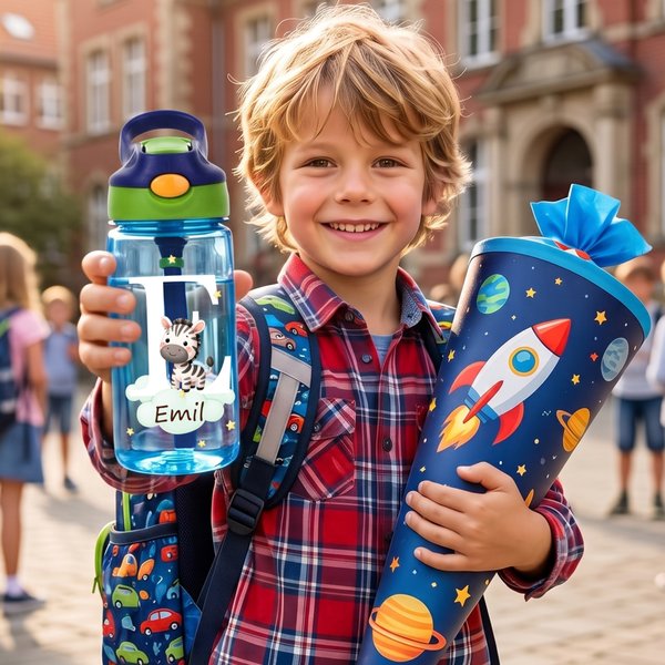 Personalisierte BPA-freie Waldtier Kinder-Wasserflasche 475 ml | mit Strohhalm und Namen | Geburtstag Schulanfang Geschenk für Jungen Mädchen