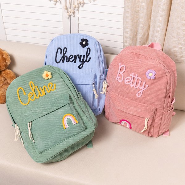 Gepersonaliseerde ribfluwelen rugzak met naam bloem en regenboog als schooltas verjaardagscadeau en cadeau voor het nieuwe schooljaar voor kinderen
