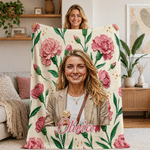 Personalised Oil Painting Style Birth Flower Soft Throw Blanket with Photo and Name Home Decor Party Ideal Birthday Gift for Women Friends Family