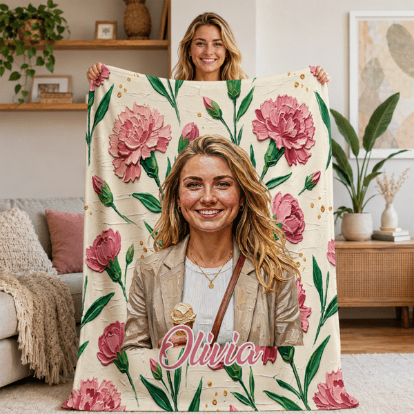 Personalised Oil Painting Style Birth Flower Soft Throw Blanket with Photo and Name Home Decor Party Ideal Birthday Gift for Women Friends Family