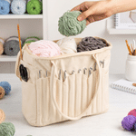 Personalised Cartoon Knitting Character Photo Large Canvas Yarn Storage Bag with Name Needle Pockets and Handle Crochet Birthday Gift for Craft Lovers