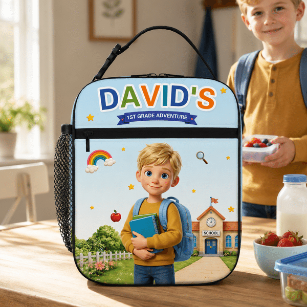 Personalized Cartoon Character Photo Insulated Lunch Bag with Name Daily Travel Back to School Birthday Gift for Kids Students