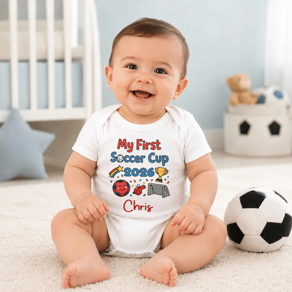 Personalized My First Soccer Cup Trophy Design 100% Cotton Baby Bodysuit Body Romper Bib T-Shirt with Name and Year Baby Shower Gift for Baby Boy Girl