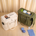 Personalised Cartoon Knitting Character Photo Large Canvas Yarn Storage Bag with Name Needle Pockets and Handle Crochet Birthday Gift for Craft Lovers