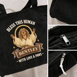 Personalized Funny Pet Photo Savior Jesus Design Large Capacity Corduroy Tote Bag with Name Travel Essential Birthday Gift for Women Pet Lovers