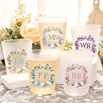 Personalised Watercolour Floral Crest Frosted Food-Grade Plastic Cups with Initial and Date Engagement Wedding Party Gift for Bride Couple Guest