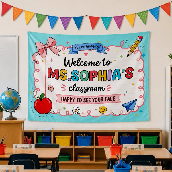 Personalized Welcome to Classroom Poster Banner with Text Classroom Backdrop Decor Teacher's Day Back to School Appreciation Gift for Teacher Educator