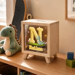 Personalized Cartoon Animal Pattern Wooden Piggy Bank with Name and Initial Birthday Back to School Gift for Kids Students