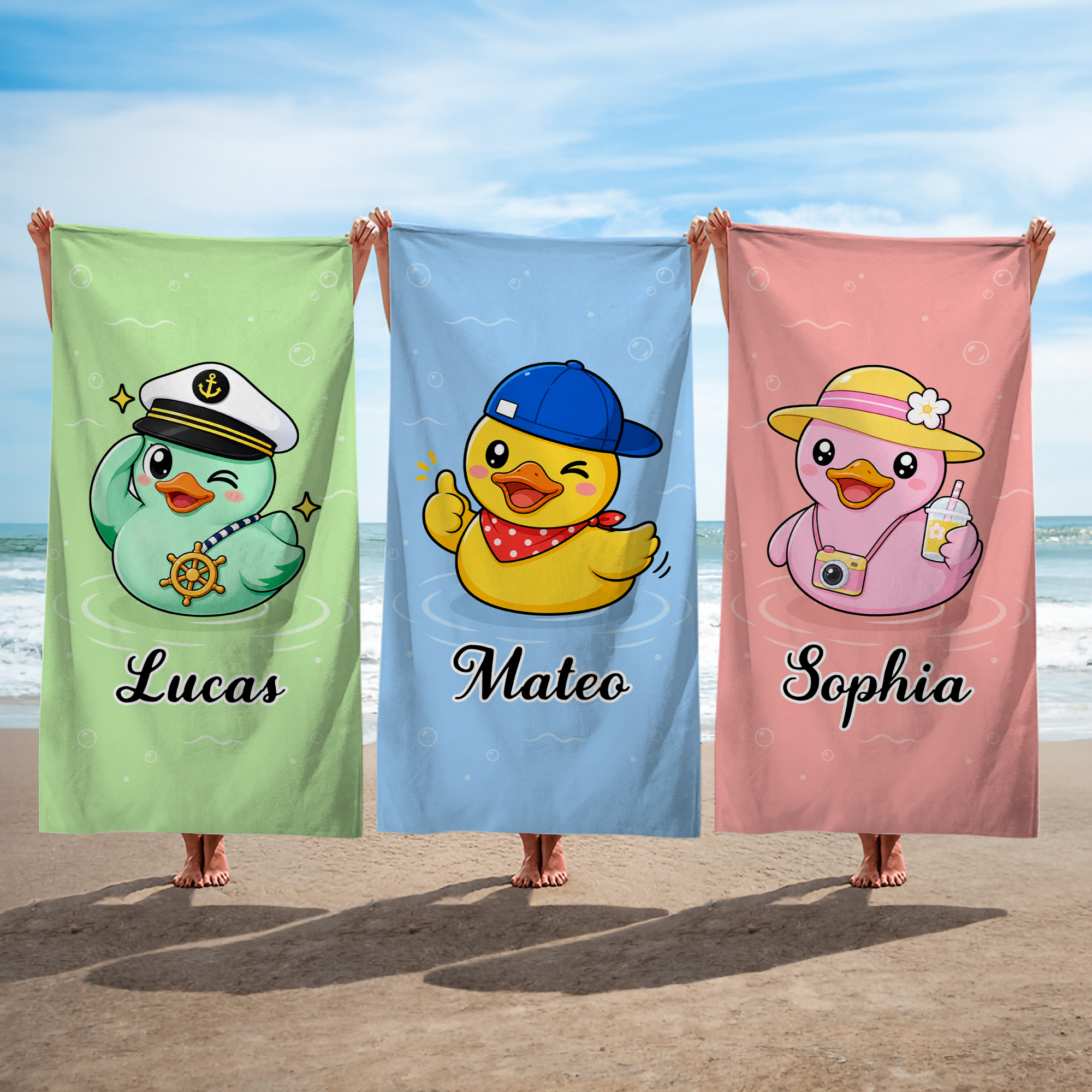 Personalisiertes, niedliches, gelbes Enten-Strandtuch – übergroß, weich und schnell trocknend – mit Namen: Unverzichtbar für den Sommerurlaub, als Geschenk für Frauen und Mädchen zu Geburtstagen und F