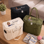 Personalised Cartoon Knitting Character Photo Large Canvas Yarn Storage Bag with Name Needle Pockets and Handle Crochet Birthday Gift for Craft Lovers