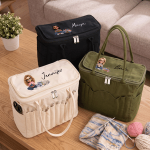 Personalised Cartoon Knitting Character Photo Large Canvas Yarn Storage Bag with Name Needle Pockets and Handle Crochet Birthday Gift for Craft Lovers