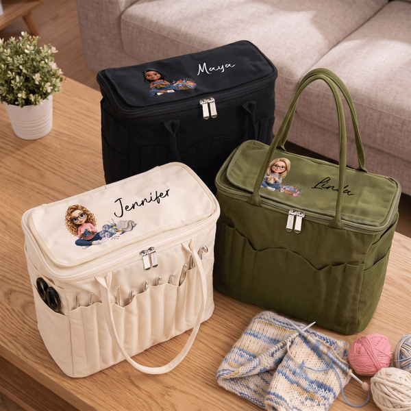 Personalised Cartoon Knitting Character Photo Large Canvas Yarn Storage Bag with Name Needle Pockets and Handle Crochet Birthday Gift for Craft Lovers