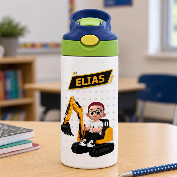 Personalisierte isolierte 355 ml Trinkflasche mit Baggerfahrerchen & Namen | lebensmittelechter Edelstahl | Einschulung Geburtstag Geschenk für Kinder