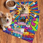 Individuell gestaltete Pop-Art-Futtermatte aus mehrfarbigem PU-Leder mit Haustierfoto und Namen – Wohnaccessoire und Geburtstagsgeschenk für Haustierbesitzer und -liebhaber