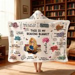 Personalized Birth Flower Cartoon Reading Girl Soft Throw Hooded Blanket with Name Birthday Gift for Librarians Book Lovers