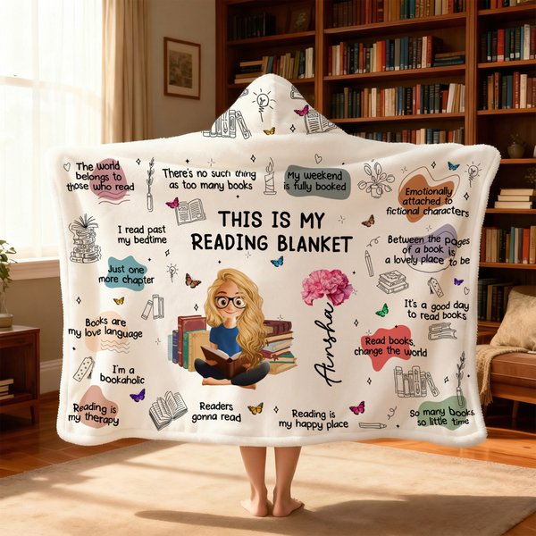 Personalized Birth Flower Cartoon Reading Girl Soft Throw Hooded Blanket with Name Birthday Gift for Librarians Book Lovers