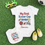 Personalized My First Soccer Cup Trophy Design 100% Cotton Baby Bodysuit Body Romper Bib T-Shirt with Name and Year Baby Shower Gift for Baby Boy Girl