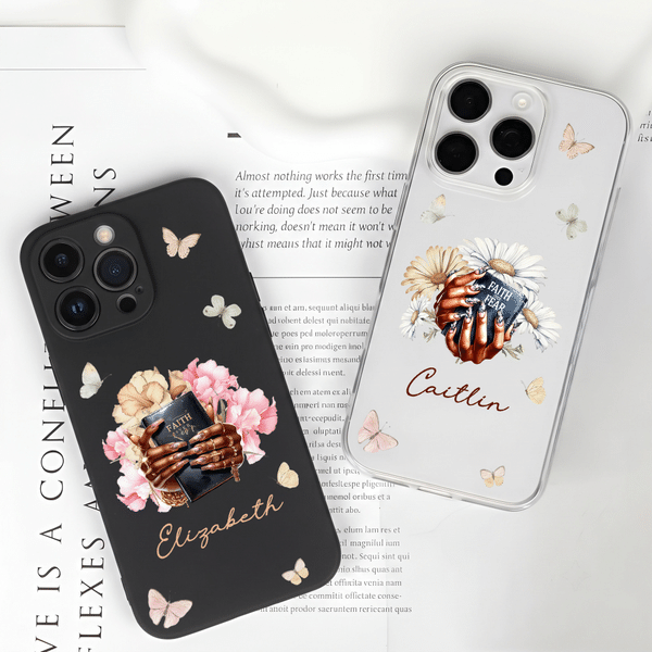 Personalized Birth Flower Black Woman Nail Art Christian Phone Case with Name Daily Use Christening Birthday Gift for Christian Women