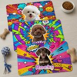Individuell gestaltete Pop-Art-Futtermatte aus mehrfarbigem PU-Leder mit Haustierfoto und Namen – Wohnaccessoire und Geburtstagsgeschenk für Haustierbesitzer und -liebhaber