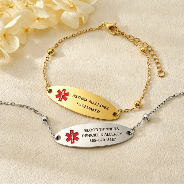 Personalised Health Medical Alert ID Bracelet with Engraved Medical Information Emergency First Aid Gift for Women