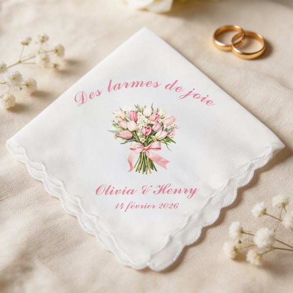 Mouchoir 100 % coton personnalisé avec nom texte et bouquet de fleurs - Cadeau de mariage fête pour les couple ou la famille
