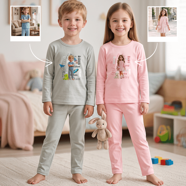 Personalized Unique Cartoon Boy Girl Photo 100% Cotton Soft Kid Pajama Set with Name Daily Outfit Back to School Birthday Gift for Kids