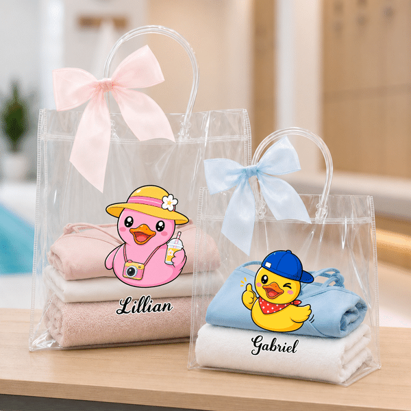 Personalized Pink Blue Bow Cute Duck Transparent Bag with Name Beach Party Travel Birthday Gift for Boys Girls