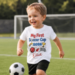 Personalized My First Soccer Cup Trophy Design 100% Cotton Baby Bodysuit Body Romper Bib T-Shirt with Name and Year Baby Shower Gift for Baby Boy Girl