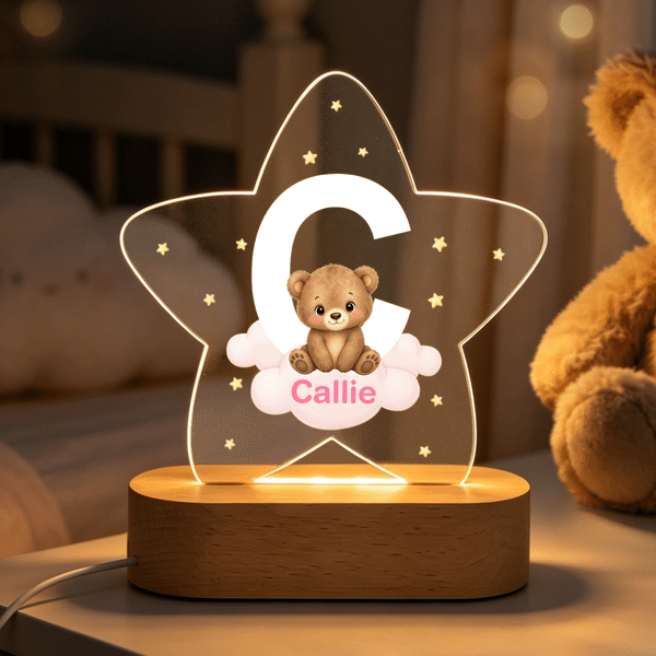 Personalized Animal Clouds Star-Shaped Acrylic LED Night Light with Wooden Base and Name Home Decor Back to School Birthday Gift for Kids