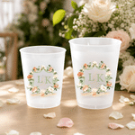 Personalised Watercolour Floral Crest Frosted Food-Grade Plastic Cups with Initial and Date Engagement Wedding Party Gift for Bride Couple Guest