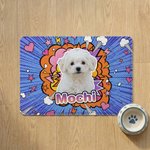 Individuell gestaltete Pop-Art-Futtermatte aus mehrfarbigem PU-Leder mit Haustierfoto und Namen – Wohnaccessoire und Geburtstagsgeschenk für Haustierbesitzer und -liebhaber