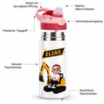 Personalisierte isolierte 355 ml Trinkflasche mit Baggerfahrerchen & Namen | lebensmittelechter Edelstahl | Einschulung Geburtstag Geschenk für Kinder