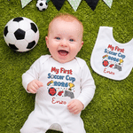 Personalized My First Soccer Cup Trophy Design 100% Cotton Baby Bodysuit Body Romper Bib T-Shirt with Name and Year Baby Shower Gift for Baby Boy Girl