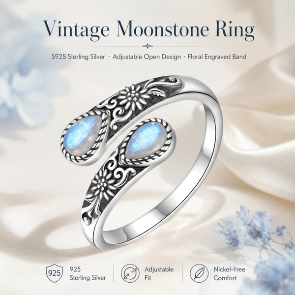 Bague « Moonstone Bloom » au motif floral vintage, bague ouverte ajustable, cadeau d'anniversaire pour elle
