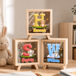 Personalized Cartoon Animal Pattern Wooden Piggy Bank with Name and Initial Birthday Back to School Gift for Kids Students